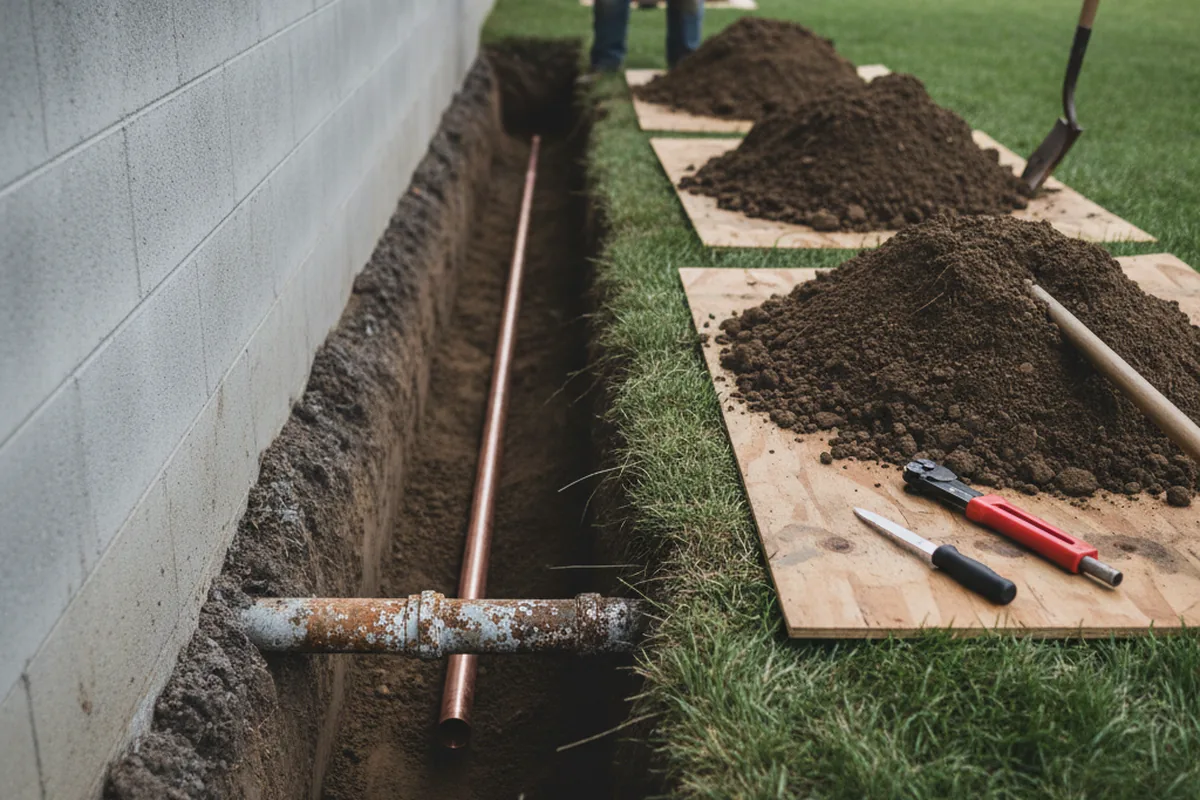 Excavated water line trench during Water Softener Installation in Bear